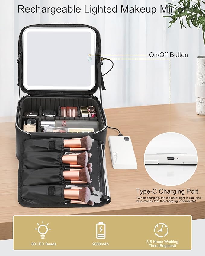 Relavel Makeup Bag with Light Up Mirror, Makeup Case Travel Cosmetic Bags Brush Organizer Storage Box, Rechargeable Vanity Mirror with 3 Color Lights, High Frame Mirror Protection (Black)