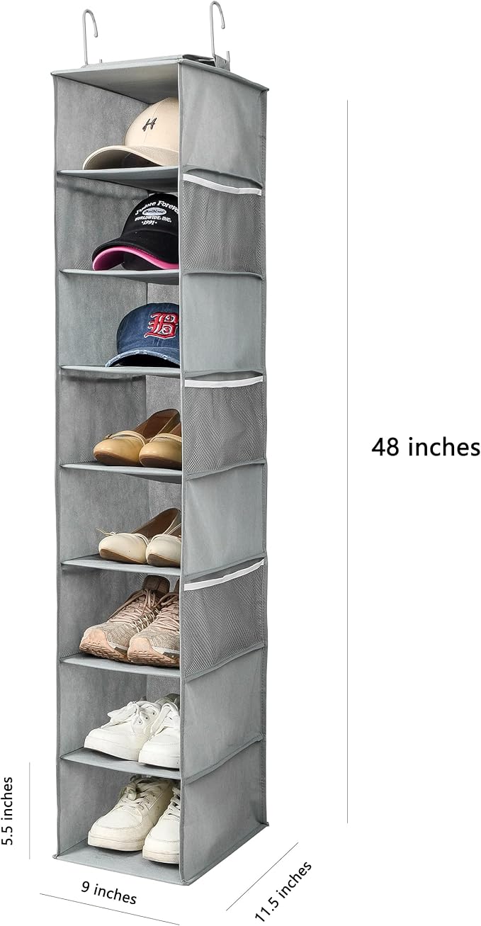 Hanging Shoe Organizer for Closet with Side Mesh Pockets，Hat Racks for Baseball Caps，Shoe and Hat Holder & Storage，8-Shelf，Gray，1 Pack