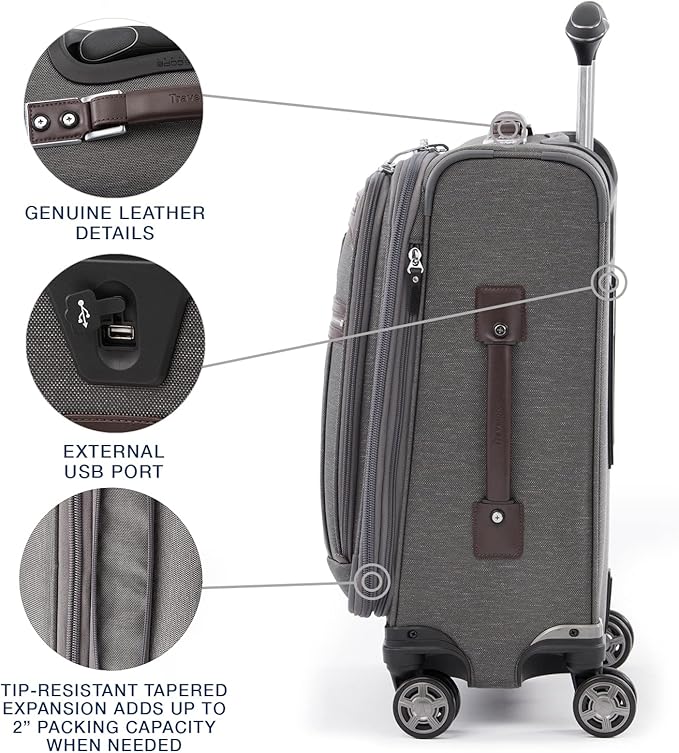 Travelpro Platinum Elite Softside Expandable Carry on Luggage, 8 Wheel Spinner Suitcase, USB Port, Laptop and Tablet Sleeves, Men and Women, Vintage Grey, Carry On 20-Inch