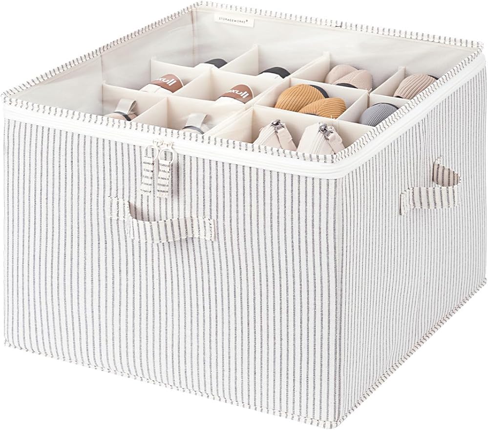 StorageWorks Shoe Organizer for Closet, Fits up to 16 Pairs, Shoe Cubby Storage Containers with Adjustable Dividers and Clear Cover, Gray and White Stripes