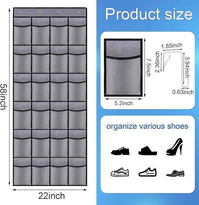 Over the Door Shoe Organizer, 24 Large Breathable Mesh Pockets, Hanging Storage Holder, Hanging Shoe Organizer(Grey)