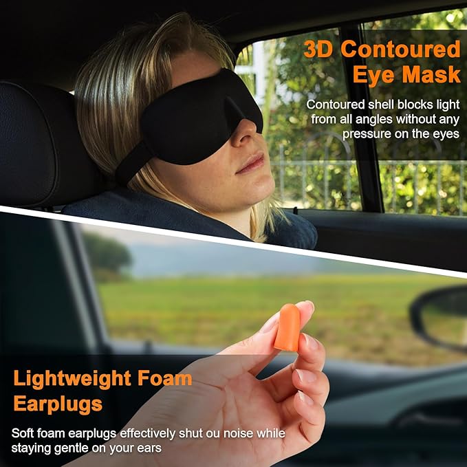 Travel Pillow - Hooded Neck Pillow Airplane Memory Foam Filling for Plane, Office, Cars Sleeping, Road Trip, Long Flights, Portable Plane Accessories, Includes Eye Mask & Earplugs (Navy)
