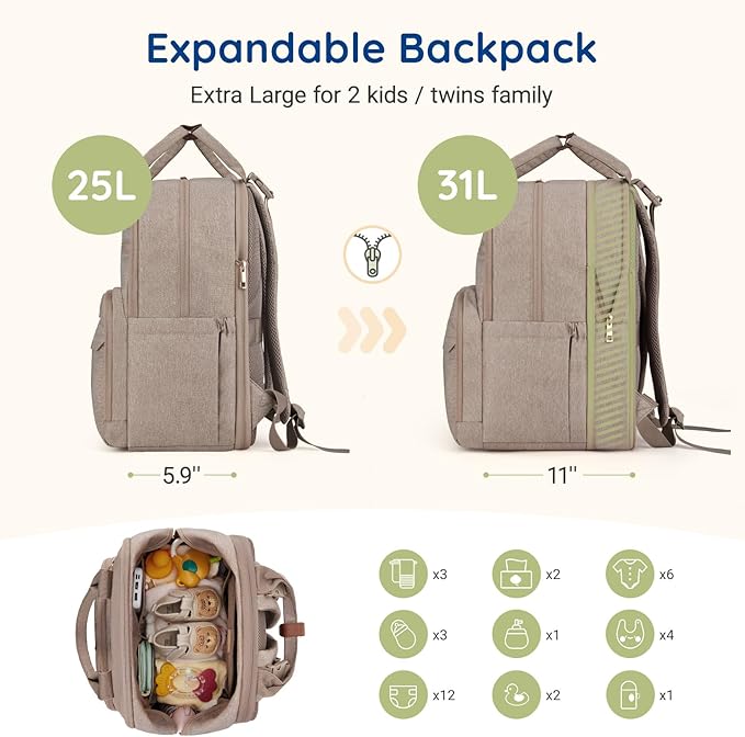mommore Diaper Bag Expandable Large Baby Bag for 2 Kids/Twins with Wet&Dry Pocket, Travel Diaper Backpack for Mom Dad, Changing Pad, Luggage Strap
