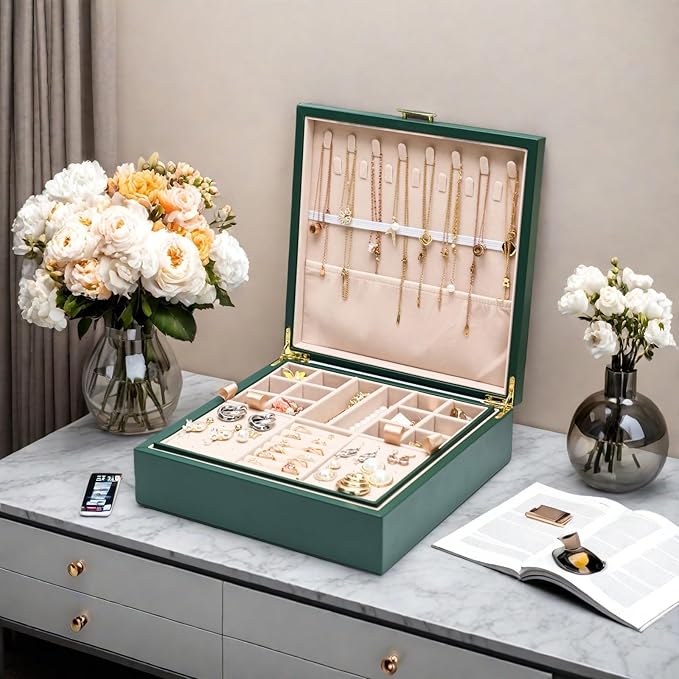 2-layer jewelry box，Jewelry Organizer with Handle，with hanging necklace hooks, detachable jewelry trays, suitable for storing a large amount of jewelry gift box (Large-Green)