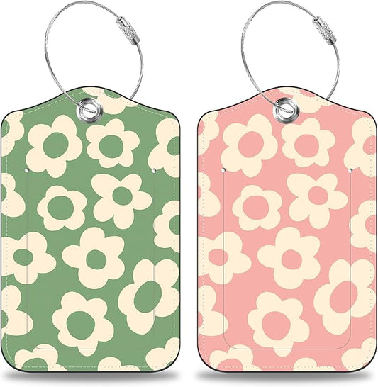 Vintage Groovy Flowers Set of 2 Luggage Tags for Suitcases Leather Suitcase Tags Identifiers with Privacy Name Address Label and Stainless Steel Loop for Women Men Travel Luggage Accessories