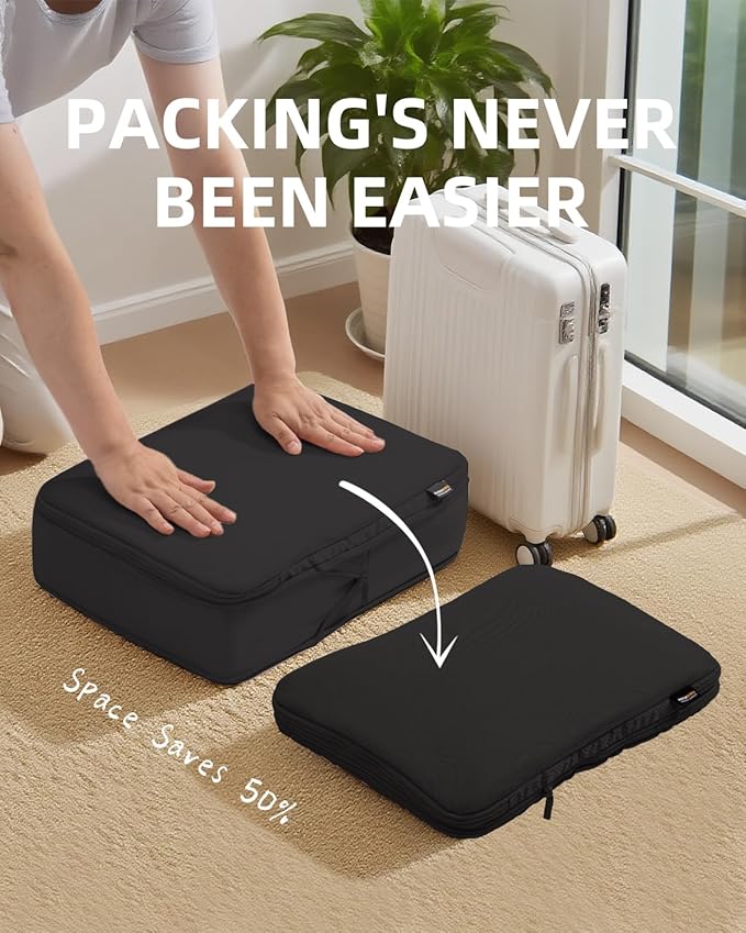 6 Set Compression Packing Cubes for Travel, Large Medium Small Luggage Organizers, Storage Bags for Clothes (6 Pack, Jet Black)