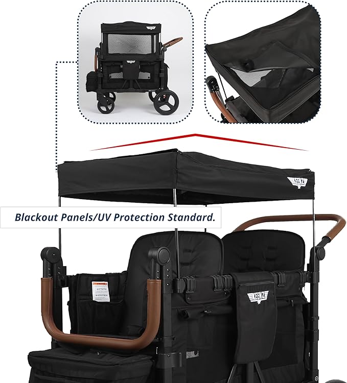 Keenz VYOO Stroller Wagon with Canopy - Foldable Design for Easy Storage, 5 Seating Positions for Kids, Enhanced Child Safety, All-Terrain Mobility, 2-Passengers, Black