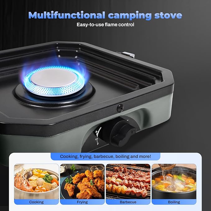 2-Burner Foldable Camping Stove with Griddle and Carrying Bag，16000 BTU Portable Propane Camp Stove with 2 Adjustable Burners & Piezo Ignition, for Camping, Home Backyard, Frying Turkey, Green