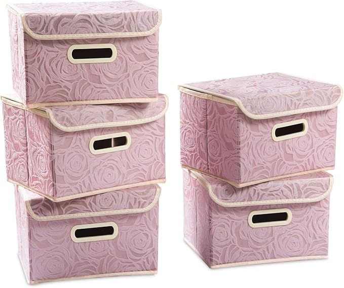 PRANDOM Foldable Storage Boxes with Lids [5-Pack] Fabric Decorative Storage Bins Cubes Organizer Containers Baskets with Cover Handles Divider for Bedroom Closet Living Room Pink 9.8x7.9x6.7 Inch