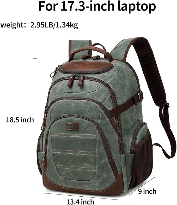 Travel Laptop Backpack 17.3 inch XL Computer Backpack for Men Waxed Canvas College Daypack Business Backpack Army Green