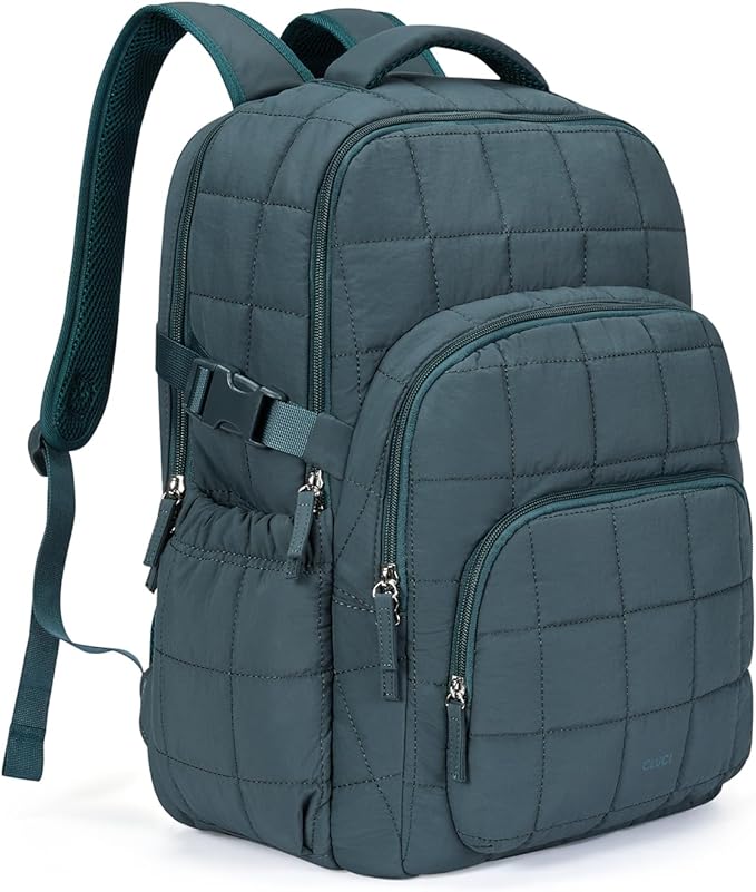 CLUCI 17.3 Inch Laptop Backpack for Women, Anti Theft Travel Backpack, Puffer Quilted Work Backpack, Water Resistant College Bookbag, Carry on backpack with RFID(Green)