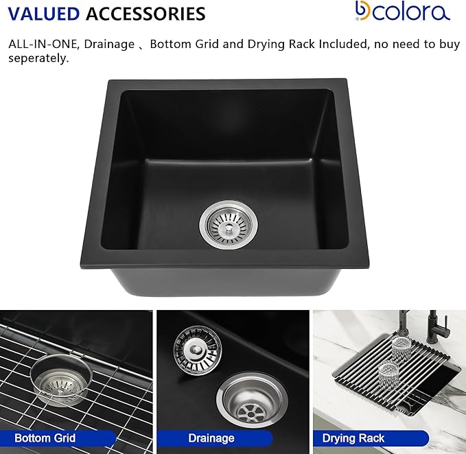 Dcolora 18 Inch Quartz Composite Black Wet Bar Sink Undermount Small Prep Granite Composite Kitchen Sink RV Single Bowl Under Counter, 18"x 16", DC-GU7746