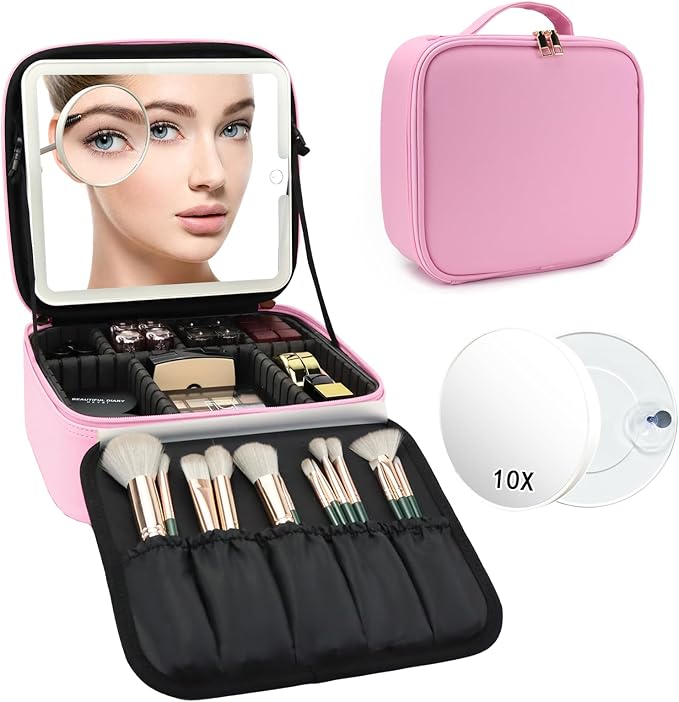 Travel Makeup Bag with LED Mirror and 10x magnifying glass with 3 Lighted Settings, Adjustable Dividers and Makeup Brush Storage Bag Dark Pink