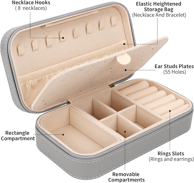 DesignSter Travel Jewelry Box, PU Leather Portable Jewelry Case, Small Jewelry Boxes for Gifts, Travel Jewelry Organizer for Women Rings Earrings Necklaces Bracelets (Gray)