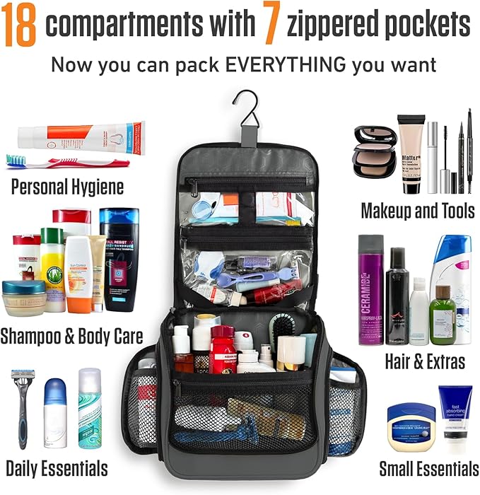 VENTURE 4TH Hanging Travel Toiletry Bag for Women & Men - Travel Organizer with Expandable Compartments & Removable Clear Pouch for Toiletries (Shadow Gray)