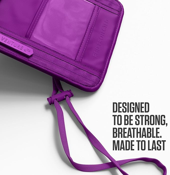 VENTURE 4TH Passport Holder Neck Wallet with RFID Blocking Nylon Lining - Hidden Neck Pouch for Travel (Sleek Purple)