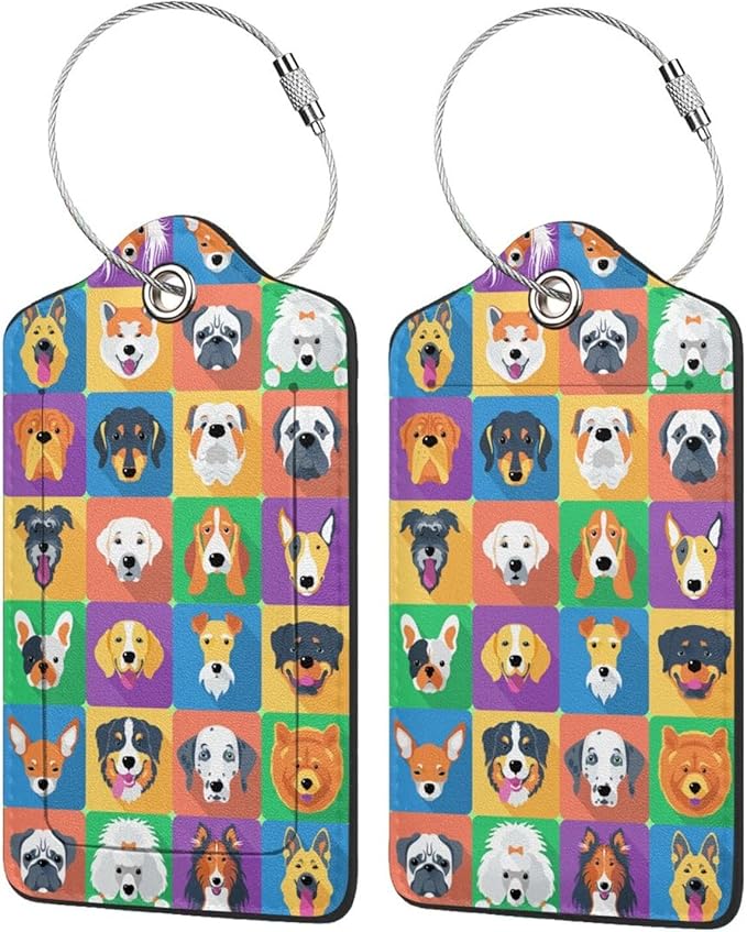 2 Pack Luggage Tags for suitcases Funny Cute Color Dog Luggage Tag, Leather Stainless Steel Loop Label Tag for Men Women Travel Bag Suitcase(Dog)