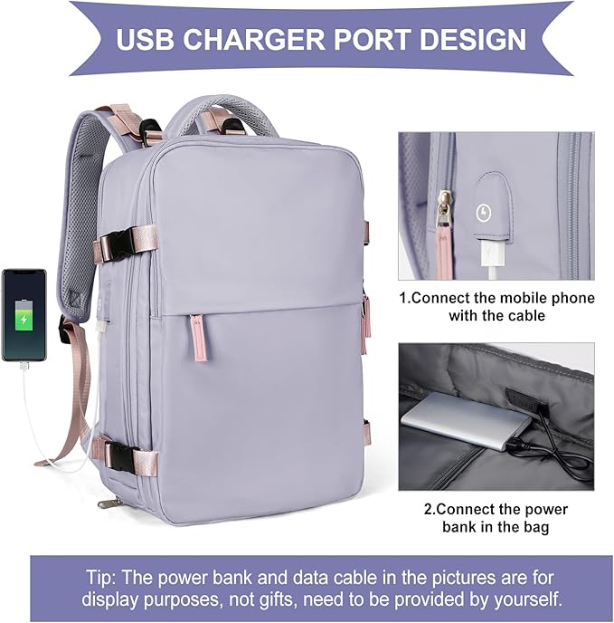 coowoz Large Travel Backpack For Women Men,Carry On Backpack Flight Approved,Hiking Backpack Waterproof Outdoor Sports Rucksack Casual Daypack Fit 15.6 Inch Laptop Shoes Compartment (Light Purple)