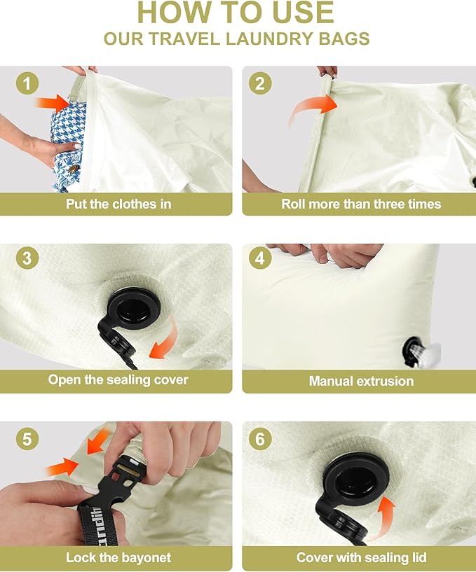 Travel Laundry Bag, Pump Free Vacuum Storage Bag Reusable Compression Dirty Clothes Travel Bag Waterproof Wet Dry Bags Large Capacity Space Saver Bags Camp Clothes Organizer (1 Pcs)(White, M)