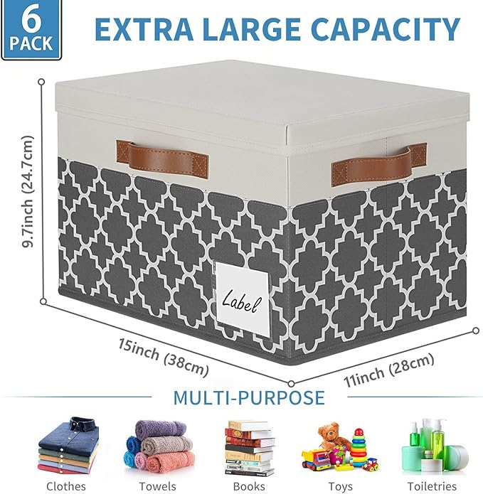 GhvyenntteS Large Fabric Storage Bins with Lids (6 Pack), Foldable Decorative Storage Boxes with Lids and 3 Handles, Sturdy Storage Baskets with Label Window for Home Office (White&Lattice Grey)
