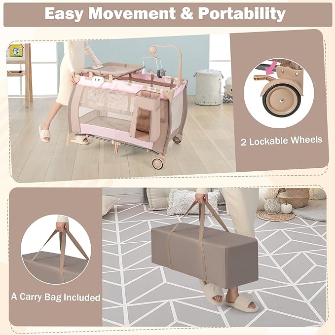 HONEY JOY Pack and Play, 3 in 1 Portable Baby Playard with Bassinet, Changing Table, Lockable Wheels, Music Box, Foldable Travel Baby Crib Nursery Center from Newborn to Toddler (Coffee Pink)