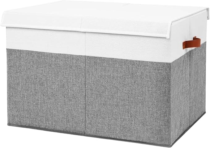 Large Toy Storage Box with Lid, Collapsible Sturdy Toys Storage Organizer Chest Bin Basket with Mesh Divider for Kids, Boys, Girls, Closet, Playroom, Bedroom, Nursery, 26"x17"x17" (Gray and White)