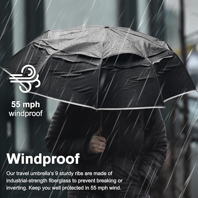 G4Free 42 Inch Eco Windproof Folding Umbrella for Rain & Sun 9 Ribs Wind Resistant Strong Fiberglass Double Canopy with Reflective Strip for Women Men Auto Open Close For Car & Backpack