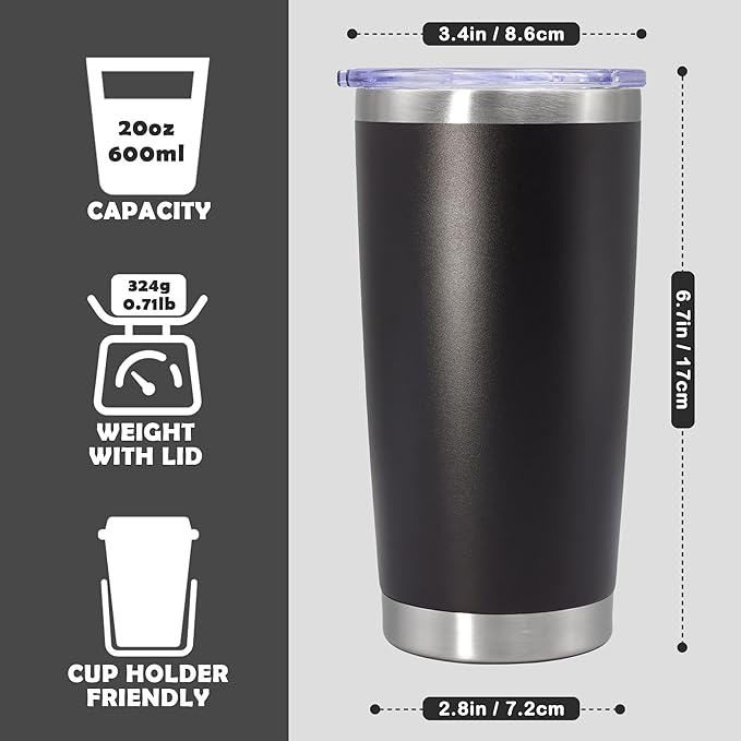 20oz Tumbler Bulk Stainless Steel Tumbler Cup with Lid Vacuum Insulated Double Wall Travel Mug, Durable Powder Coated Travel Coffee Tumbler Mug for Hot & Cold Drinks, Black,8 Pack