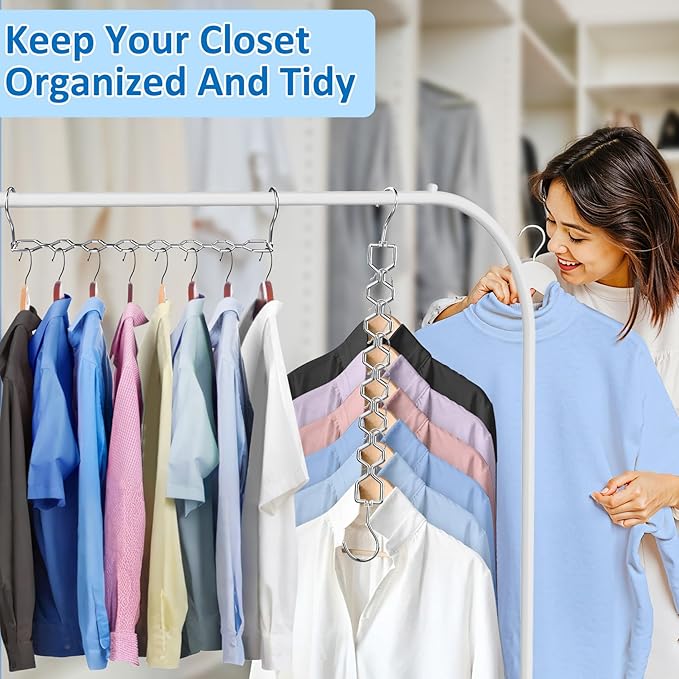 6 Pack Space Saving Hangers for Clothes, Heavy Duty 30Lbs Capacity Magic Clothes Space Saver Sturdy Metal Hanger Organizer with 360° Swivel Hook, Closet Organizers Storage Dorm Essentials Silver