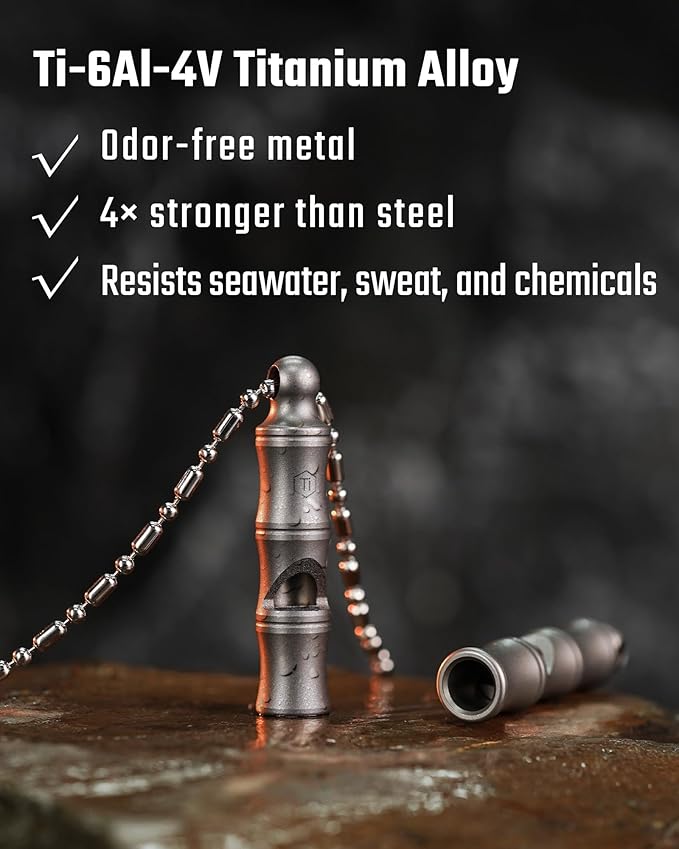 KeyUnity Titanium Emergency Whistle with Metal Lanyard, 120dB+, One-Piece Outdoor Survival Whistle, Ultra-Light, Rustproof