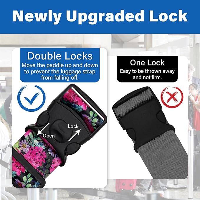 2 Pack Luggage Straps for Suitcases, Adjustable Travel Belt with Double Lock and Quick Release Buckle, Heavy Duty Nylon Bag Packing Strap, Bright Identifiers Business Travel Accessories-Pink Flowers