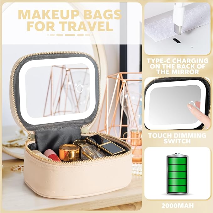 Small Makeup Bag Travel Train Case with Mirror and Light Mini Travel Small Make up for Women Train Case Cosmetic Organizer 3 Adjustable Brightness Toiletry Bag Portable Artist Storage