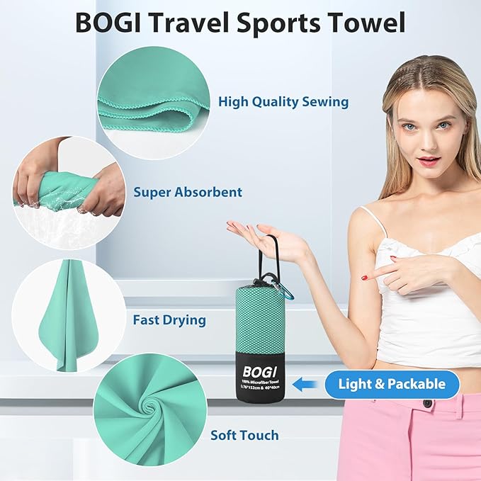 BOGI Microfiber Travel Sports Towel-Quick Dry Travel Soft Lightweight Absorbent Compact Sports Towel for Camping Gym Beach Bath Yoga Swimming Backpacking (L:60''x30''+16''x16''-Mint)