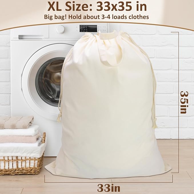 Canvas Laundry Bag 33"x 35", Thick Cotton Laundry Bag with Handles & Drawstring, Extra Large Heavy Duty Washable Basket Liner Hamper Liner Canvas Storage Sack (Beige XL, 2 Pack)