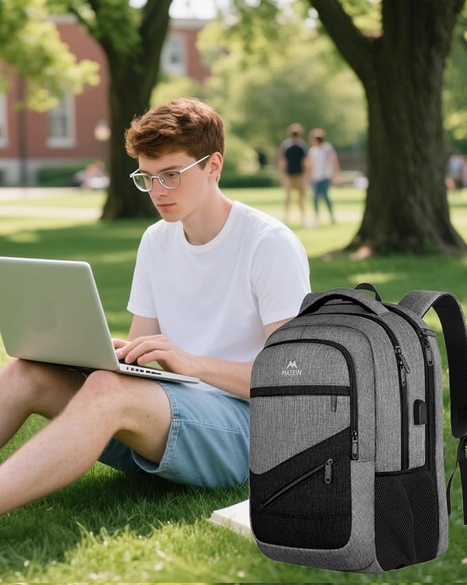 MATEIN 17 Inch Work Backpack for Men Women, Water Resistant Practical Travel Laptop Backpack with Trolley Sleeve, Casual College Daypack Laptop Compartment TSA Friendly, Grey Black