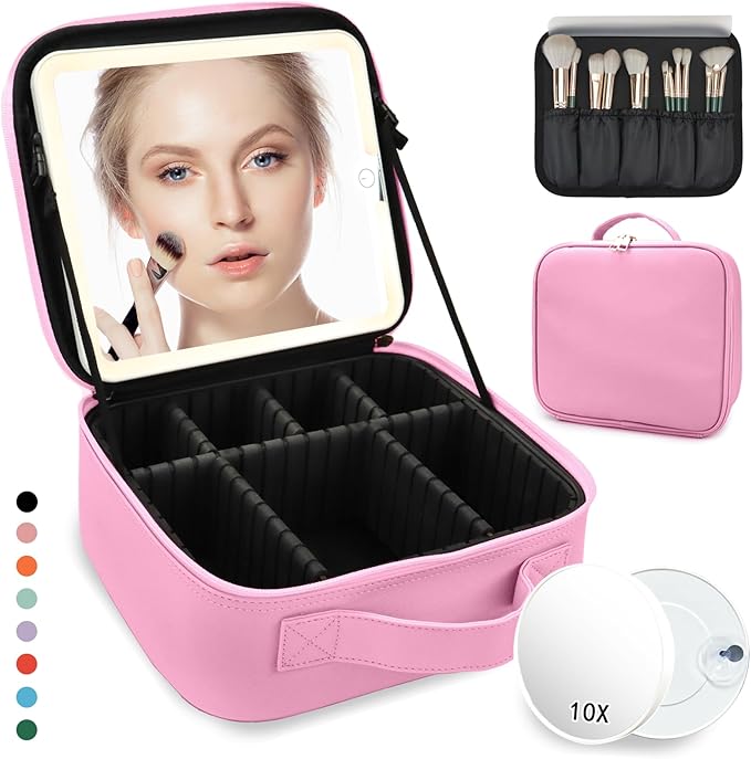 Travel Makeup Bag for Makeup Artists Large Makeup Case,with Mirror 3 Color Setting and Detachable 10x Magnifying Mirror Travel Makeup Bag,Portable Storage and Adjustable Dividers（Dark Pink）