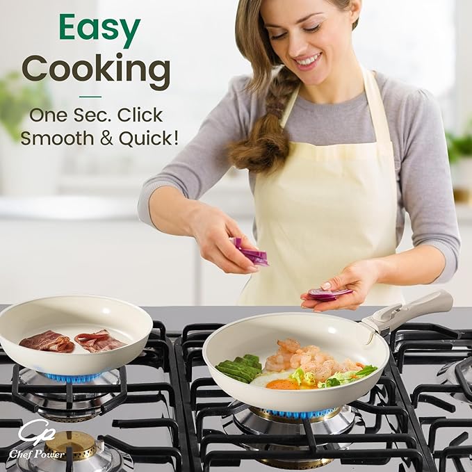 Chef Power Ceramic Cookware Set Non Toxic with Detachable Handles, Healthy Nonstick Pans and Pots Set 19 Pcs, Induction Dishwasher Oven Safe Kitchen Set, PFAS PFOA & PTFE Free, Cream White