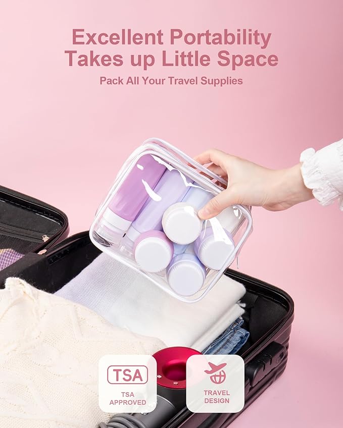 Travel Bottles for Toiletries 8 Pack, Travel Size Toiletries, Tsa Approved Travel Size Containers 3oz, with Travel Essentials Clear Bag, Leak Proof Silicone Squeezable Creams Jars