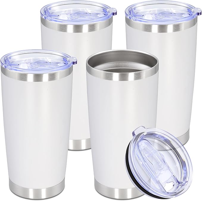 20oz Tumbler Stainless Steel Tumbler Cup with Lid Vacuum Insulated Double Wall Travel Mug, Durable Powder Coated Travel Coffee Tumbler Mug for Hot & Cold Drinks, White,4 Pack