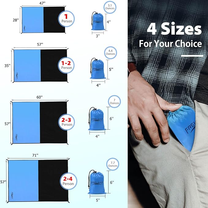 Frelaxy Pocket Picnic Blanket, Waterproof Sandproof Beach Mat, Compact Camping Tarp for Festivals, Hiking, Travel, Outdoor Recreation (Blue, 57'' x 71'')