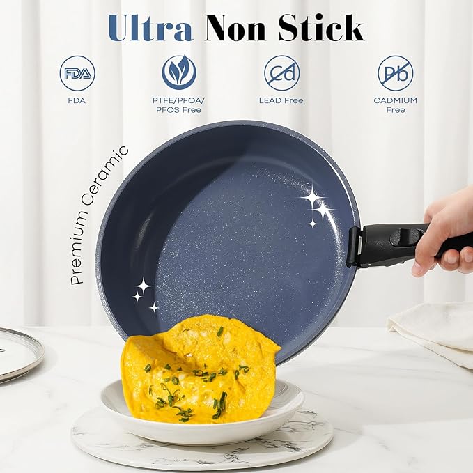 15 Pcs Pots and Pans Set Non Stick, Detachable Handle Ceramic Cookware Sets Nonstick, Non Toxic Induction RV Kitchen Cooking Set with Removable Handles, Dishwasher/Oven Safe, Easy Clean