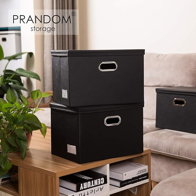 PRANDOM Extra Stackable Storage Bins with Lids [3-Pack] Leather Fabric Foldable Storage Boxes Organizer Containers Baskets Cube with Cover for Bedroom Closet Office Nursery Black (22.8x15.7x13.8)