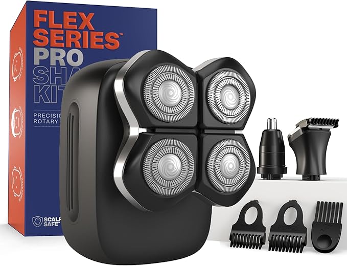 Freebird FlexSeries Pro Electric Head & Body Shaver - Mens Cordless Rechargeable Wet/Dry Skull Bald Head Back & Groin Waterproof Razor with Rotary Blades, Clippers, Nose Trimmer, Brush, Massager