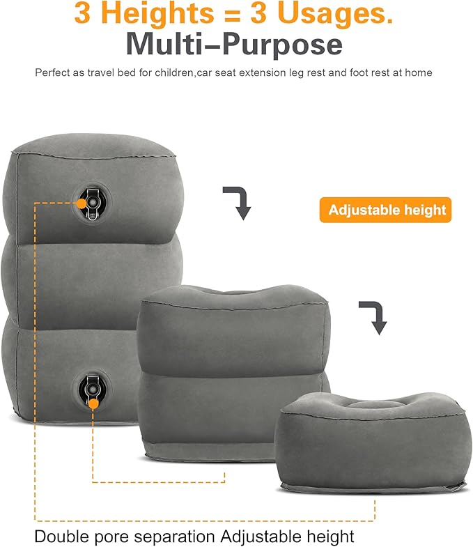 Sunany Inflatable Foot Rest Pillow for Airplane - Kids/Adults - Adjustable Height Cushions, to Sleep While Traveling,Suitable for Office,Home and Any Travel（Dark Grey,2 Pack）