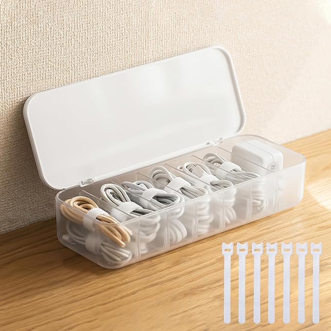 Cable Organizer Storage Box with 7 Wire Ties,Desktop Cable Management Box with Lid,Power Cord Organizer with 7 Compartments for Office,Home,Desk Accessories Storage Stationery Supplies White