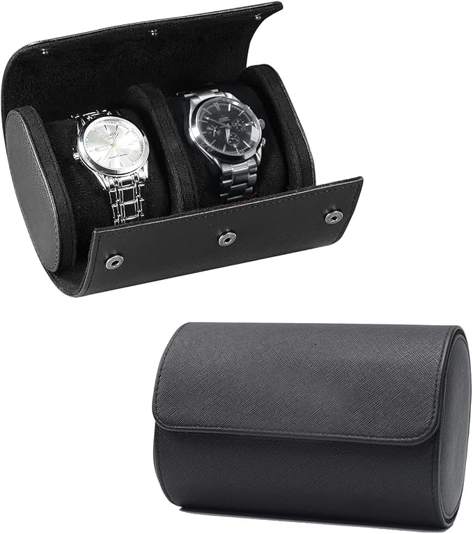 Watch Travel Case, Luxury Leather Watch Roll 2 Slot Organizer Box, Jewelry Storage Case Gifts for Man and Woman Christmas Anniversary Birthday (Black-2slot)