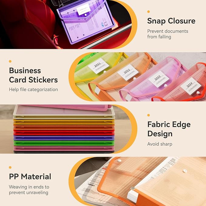 ABC life 8 Pack Plastic Expanding File Folder, Folders for Documents with Snap Closure, Colorful File Folder Organizer Holder, Transparent, Large Capacity, Fit Letter/A4 Size - Rainbow