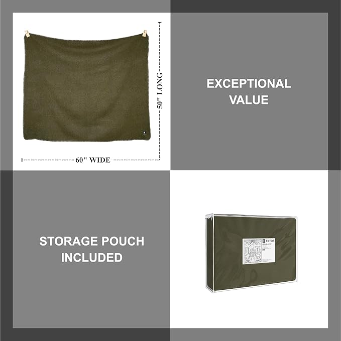 EKTOS 100% Virgin Wool Blanket, 50" x 60", Perfect for Camping, Outdoor Essentials (Olive Green, Throw Size)