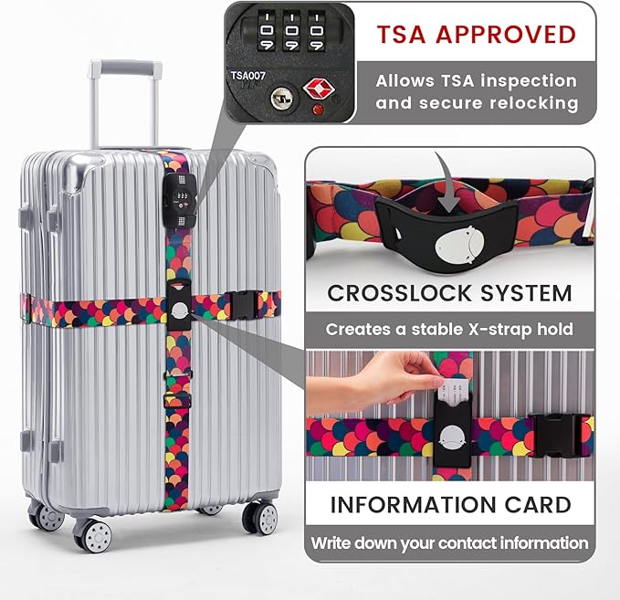 Travelkin Luggage Straps TSA Approved - Adjustable Cross Suitcase Straps with TSA Lock, Reinforced Buckle, Unique Pattern - Secure Heavy Duty Luggage Straps for Travel (Scales of Dragon)