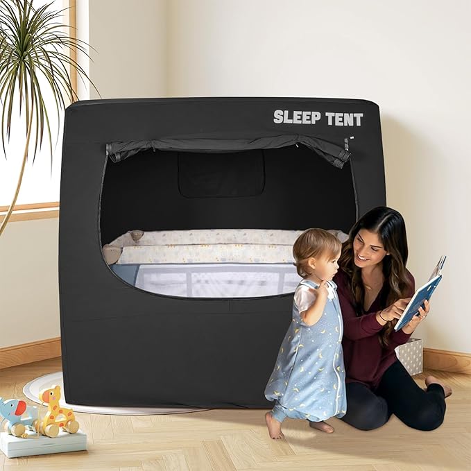 BORNA Crib Blackout Tent for Pack N Play, Brethable Baby Sleep Tent for Full Size Crib and Pack N Play, Baby Sleep Pod for Kids Blocks 70%+ Light